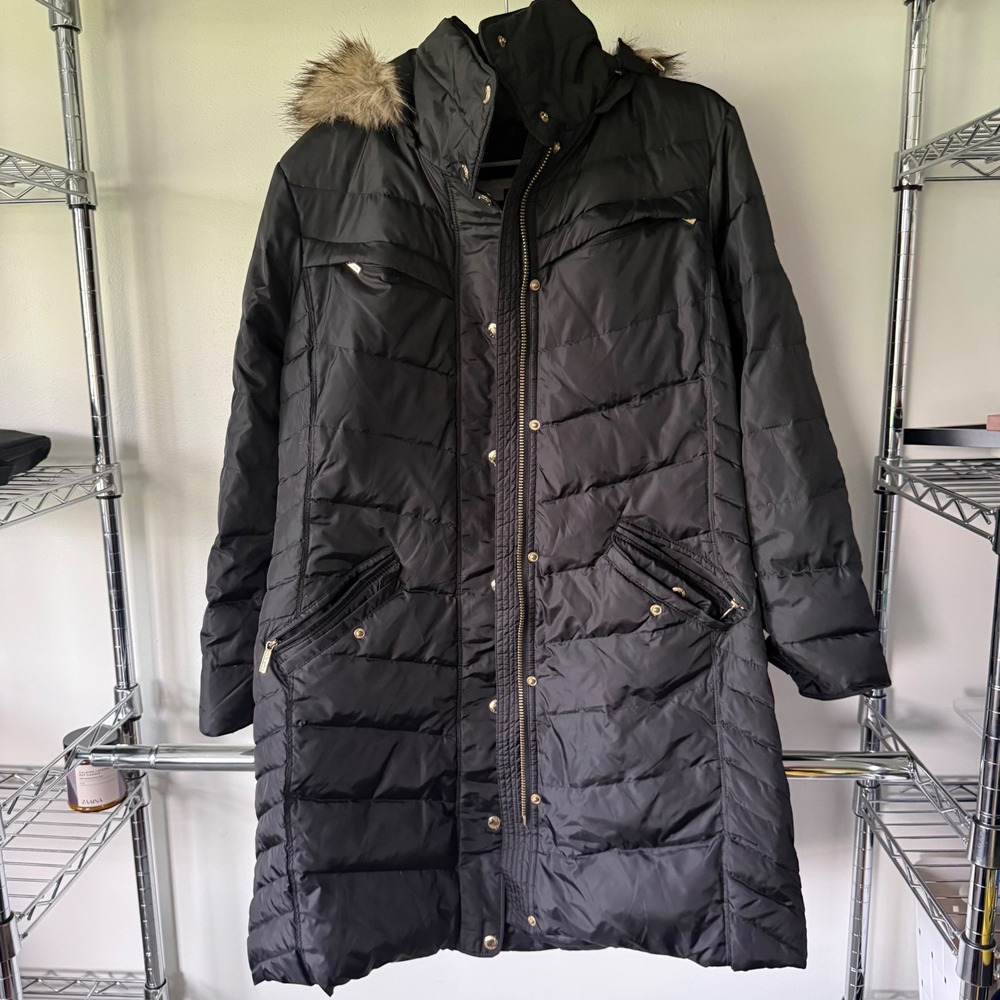 Michael Kors Black Down Puffer Coat Faux Fur Hood Long Parka Jacket Womens Large